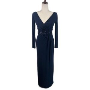 Lauren Ralph Lauren Evening Dress Navy Blue Long Sleeve Sequin Gown Size 2